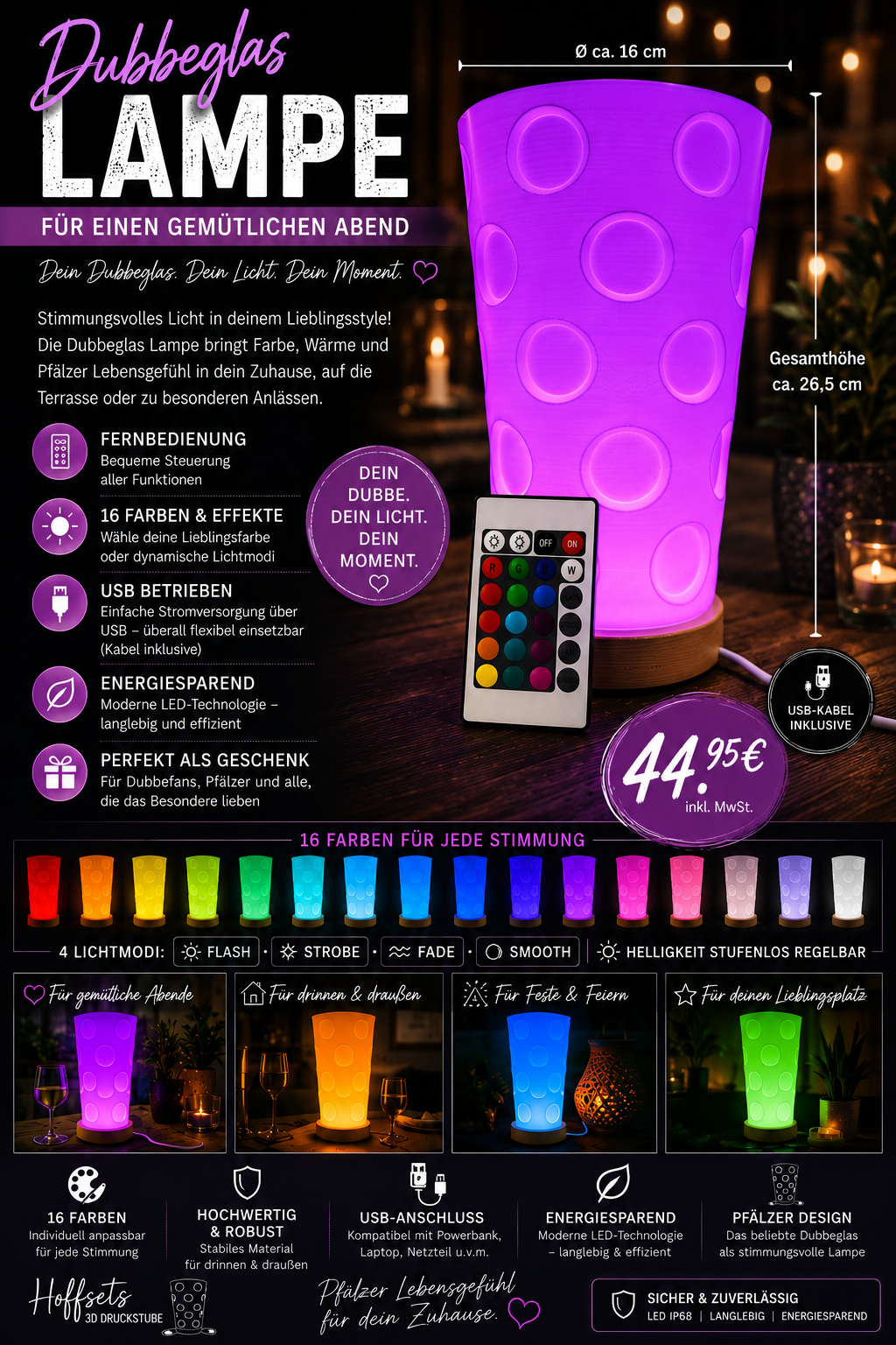 Dubbeglas-LED-Lampe USB betrieben