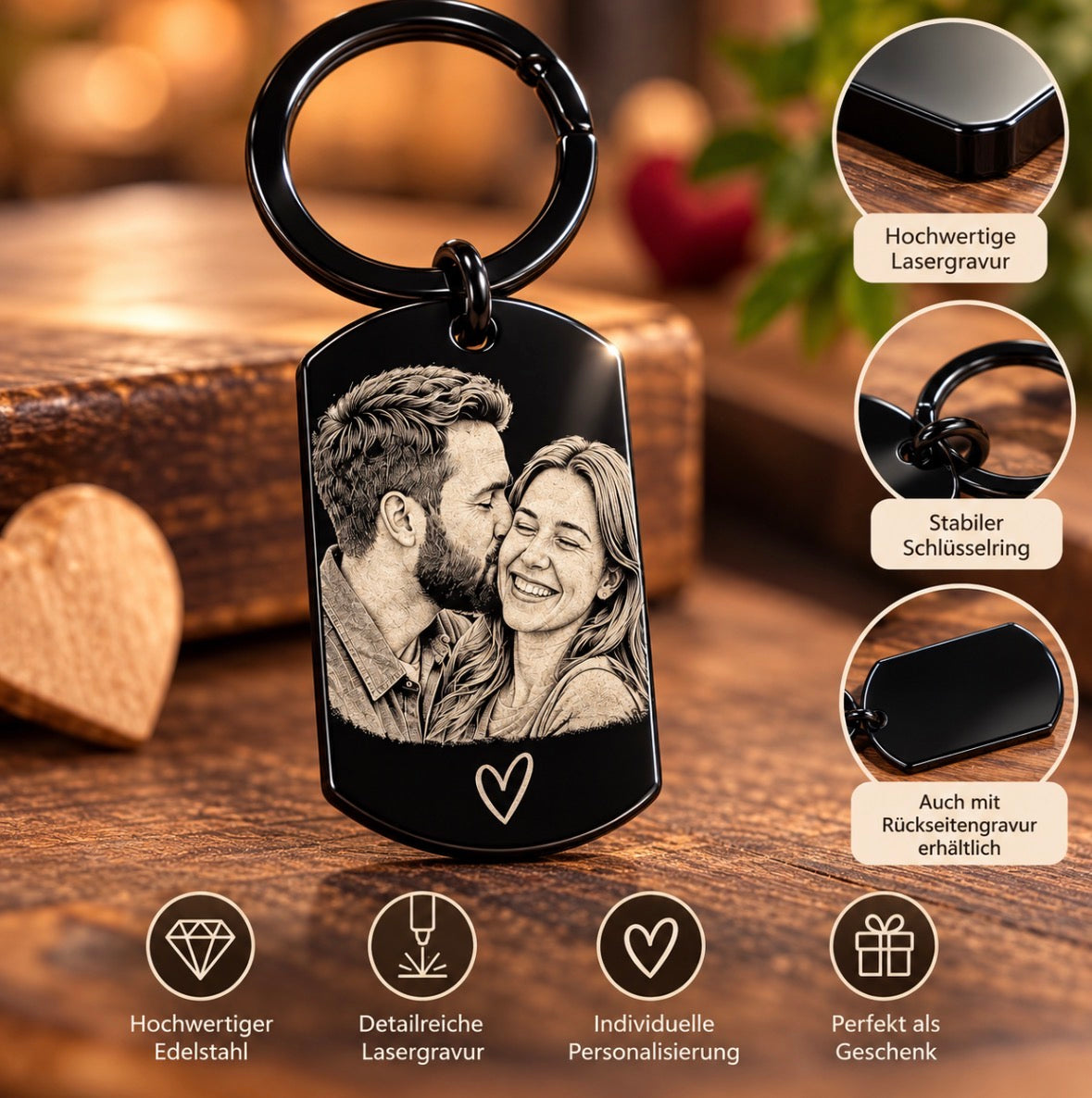 Personalisierter Schlüsselanhänger mit Foto & Gravur – Hund, Katze, Familie oder Partner