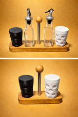 Dubbe Salz- und Pfefferstreuer im Holz-Tischgestell – optional mit Öl und Essig