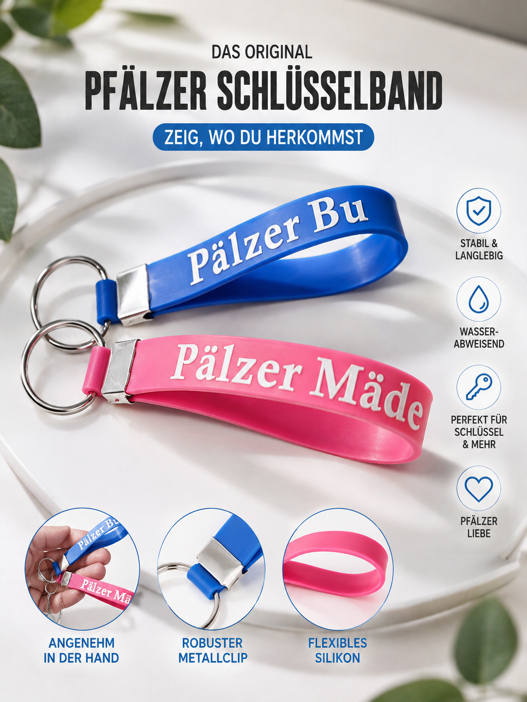 Pfälzer Schlüsselband „Pälzer Bu“ & „Pälzer Mädel“ – Silikon Schlüsselanhänger